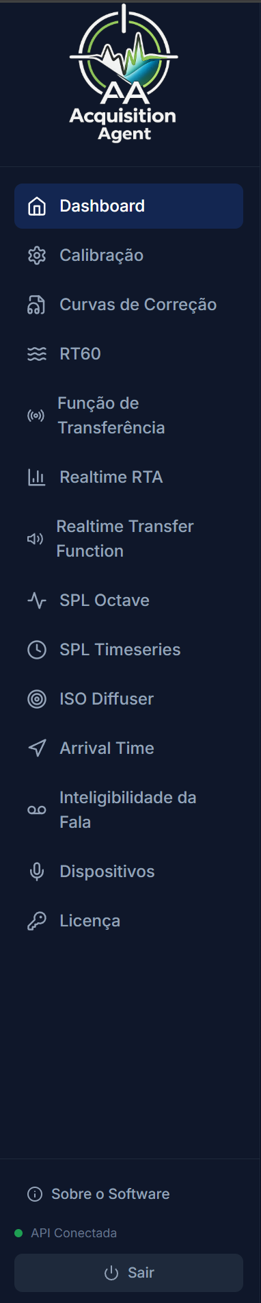 Sidebar com todos os módulos do Acquisition Agent