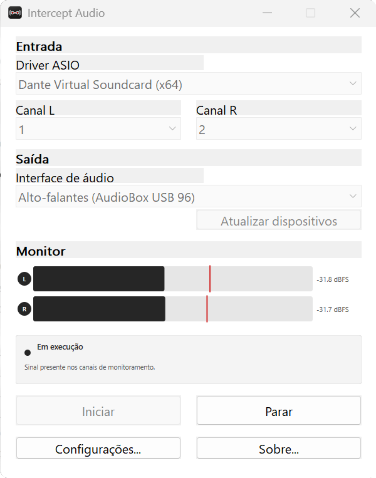 Intercept Audio — tela principal